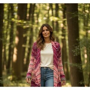 Anthropologie Moth Cardigan Sweater Womens Small Pink Open Knit Tassel Poms Boho